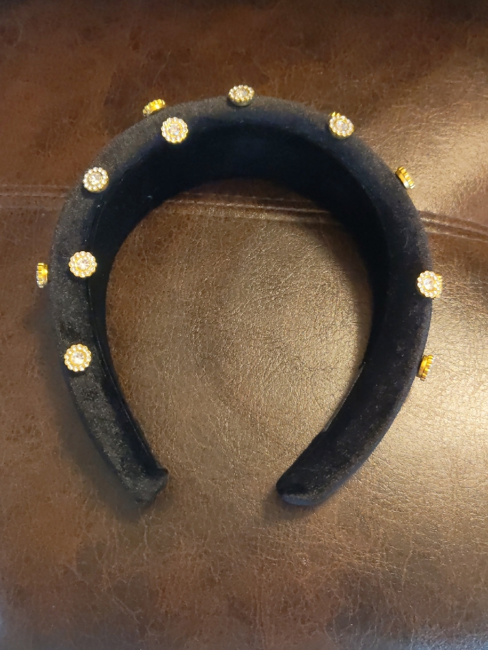 Black Velvet Headband with Gold Crystal Studs